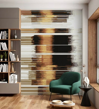 Modern living room with a green armchair, bookshelf, and abstract mosaic mural