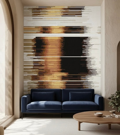Modern living room with a blue sofa and abstract mosaic wall mural