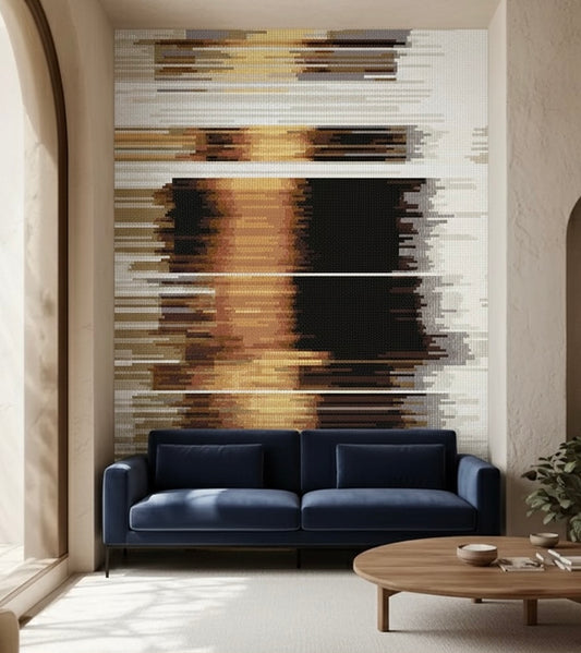 Modern living room with a blue sofa and abstract mosaic wall mural