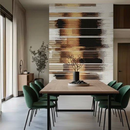 Modern dining room with wooden table and green chairs against a mosaic wall mural