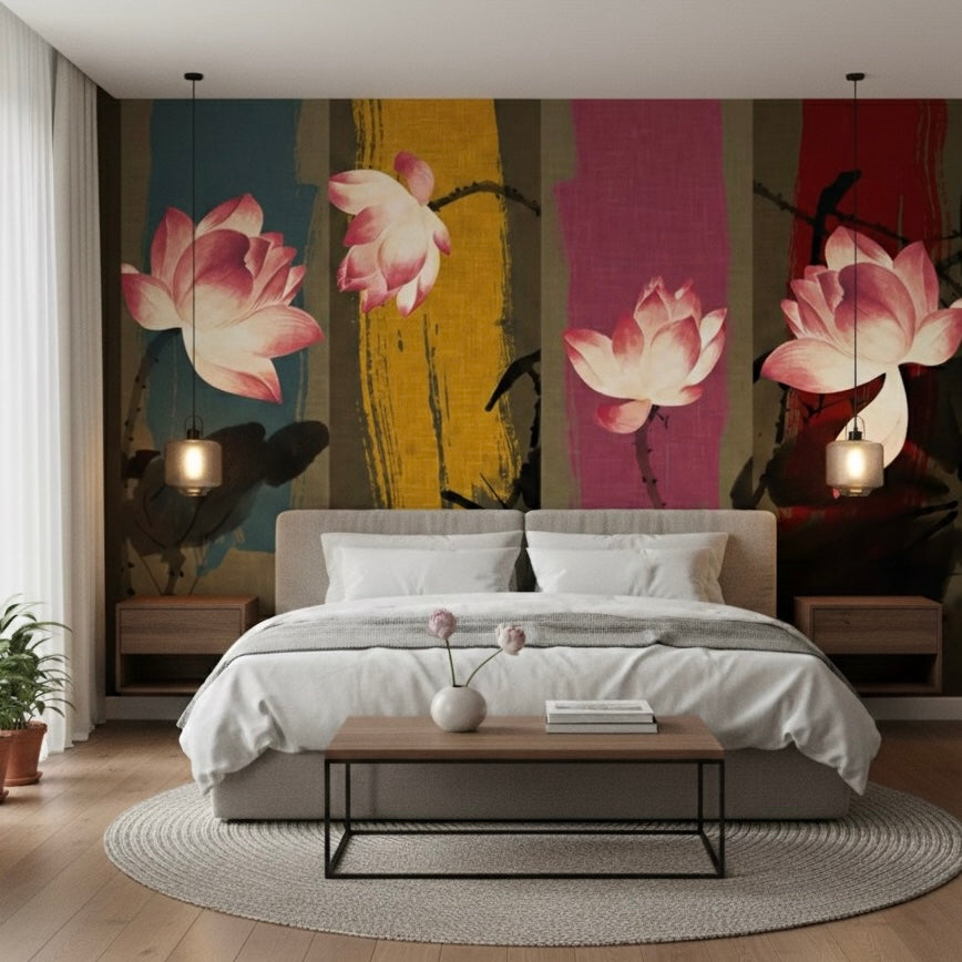 Custom Abstract Lotus Flower Mural | Vibrant Brushstroke Art Wallpaper