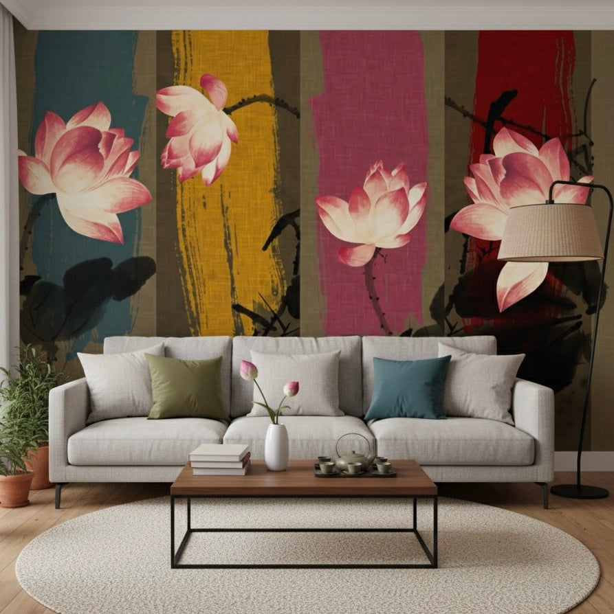 Custom Abstract Lotus Flower Mural | Vibrant Brushstroke Art Wallpaper
