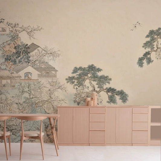 Custom Asian Landscape Mural | Traditional Chinese Ink Painting Wallpaper