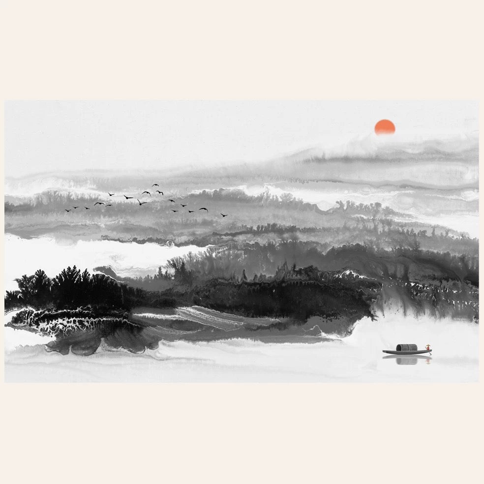 Artistic depiction of a landscape with a boat, trees, and a red sun.