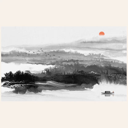Artistic depiction of a landscape with a boat, trees, and a red sun.
