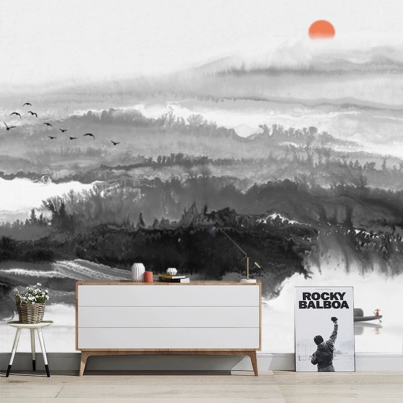 Modern interior with a large wall mural of a mountain landscape