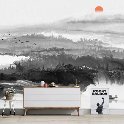 Modern interior with a large wall mural of a mountain landscape