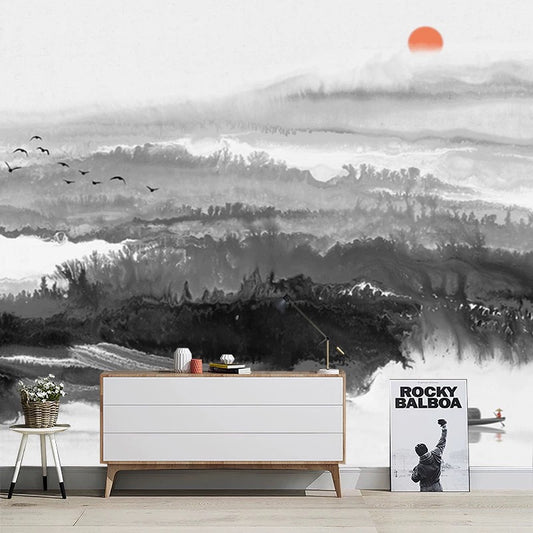 Modern interior with a large wall mural of a mountain landscape