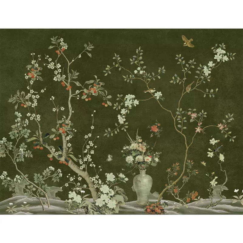 Custom Dark Green Chinoiserie Wallpaper Mural | Traditional Non-Pasted