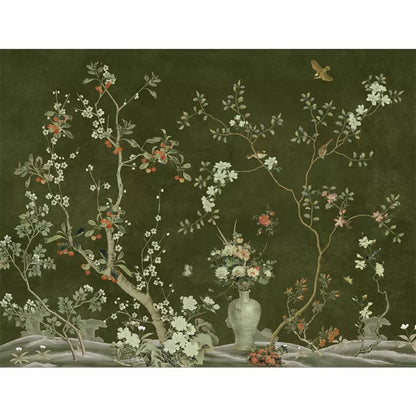 Custom Dark Green Chinoiserie Wallpaper Mural | Traditional Non-Pasted