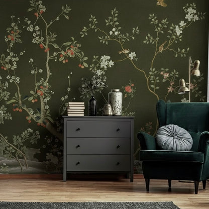 Custom Dark Green Chinoiserie Wallpaper Mural | Traditional Non-Pasted