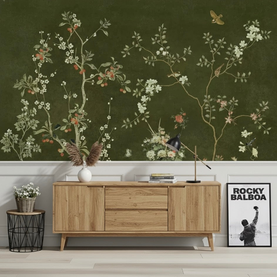Custom Dark Green Chinoiserie Wallpaper Mural | Traditional Non-Pasted