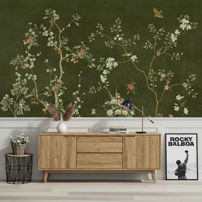 Custom Dark Green Chinoiserie Wallpaper Mural | Traditional Non-Pasted