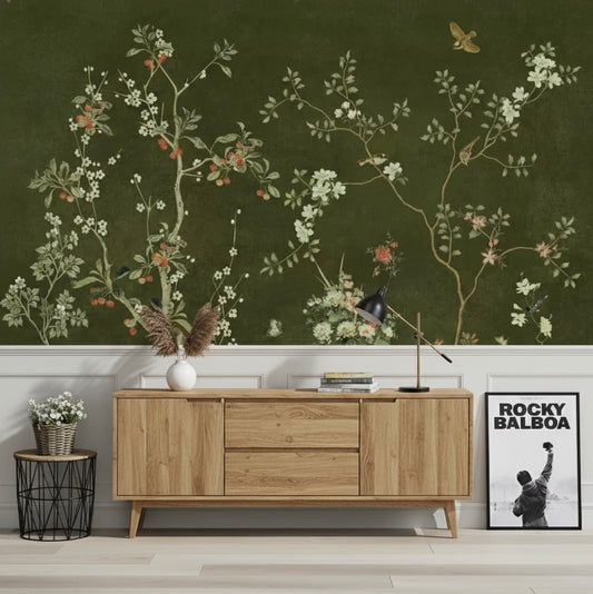 Custom Dark Green Chinoiserie Wallpaper Mural | Traditional Non-Pasted