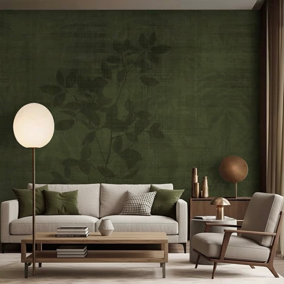 Custom Deep Forest Green Botanical Silhouette Wallpaper Mural