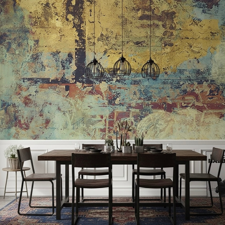 Custom Distressed Abstract Mural | Industrial Gold & Teal Texture Wallpaper