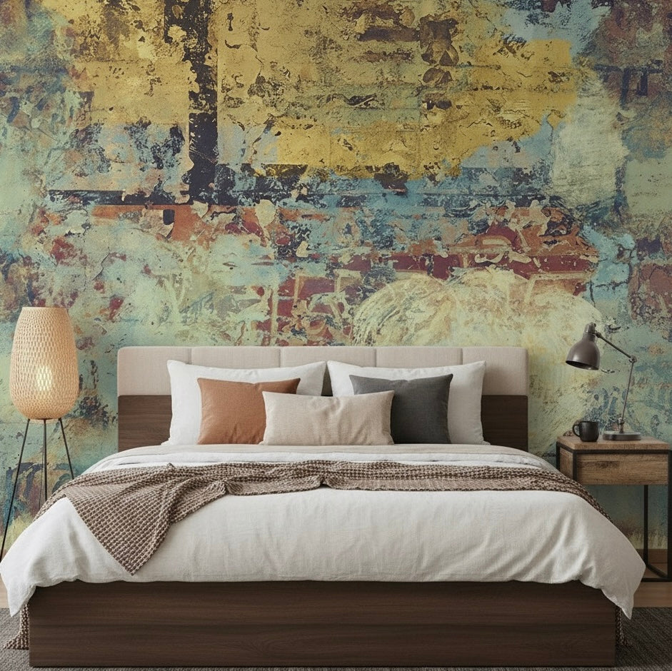 Custom Distressed Abstract Mural | Industrial Gold & Teal Texture Wallpaper