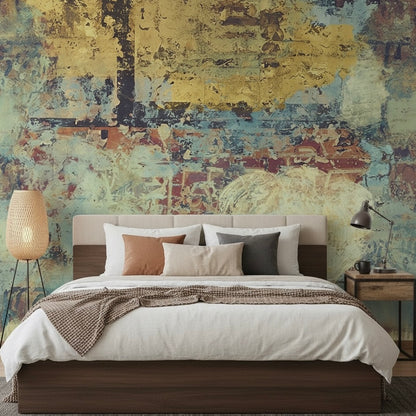 Custom Distressed Abstract Mural | Industrial Gold & Teal Texture Wallpaper