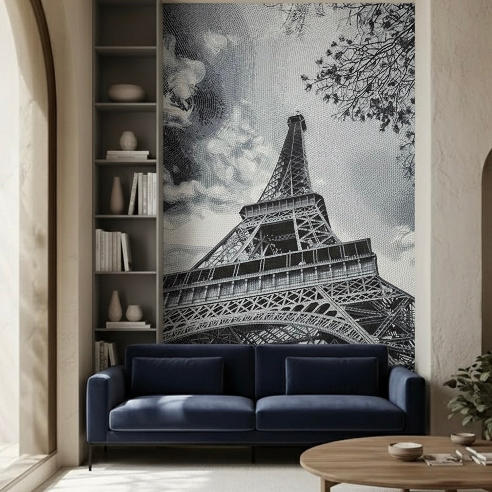 Custom Eiffel Tower Glass Mosaic Mural - Parisian Grandeur (Black & White)