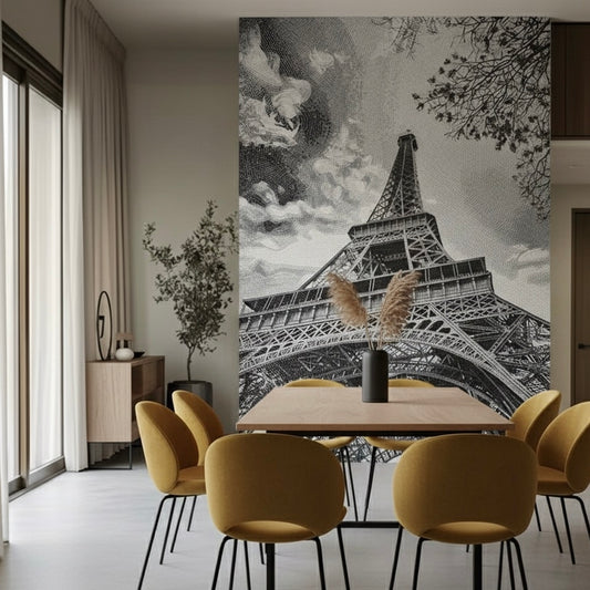 Custom Eiffel Tower Glass Mosaic Mural - Parisian Grandeur (Black & White)