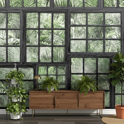 Custom Faux Window Jungle Mural | Loft Style Botanical Wallpaper