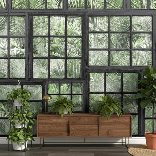 Custom Faux Window Jungle Mural | Loft Style Botanical Wallpaper