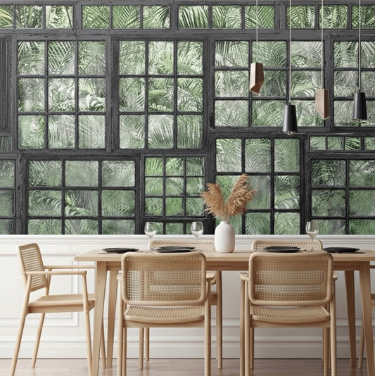 Custom Faux Window Jungle Mural | Loft Style Botanical Wallpaper