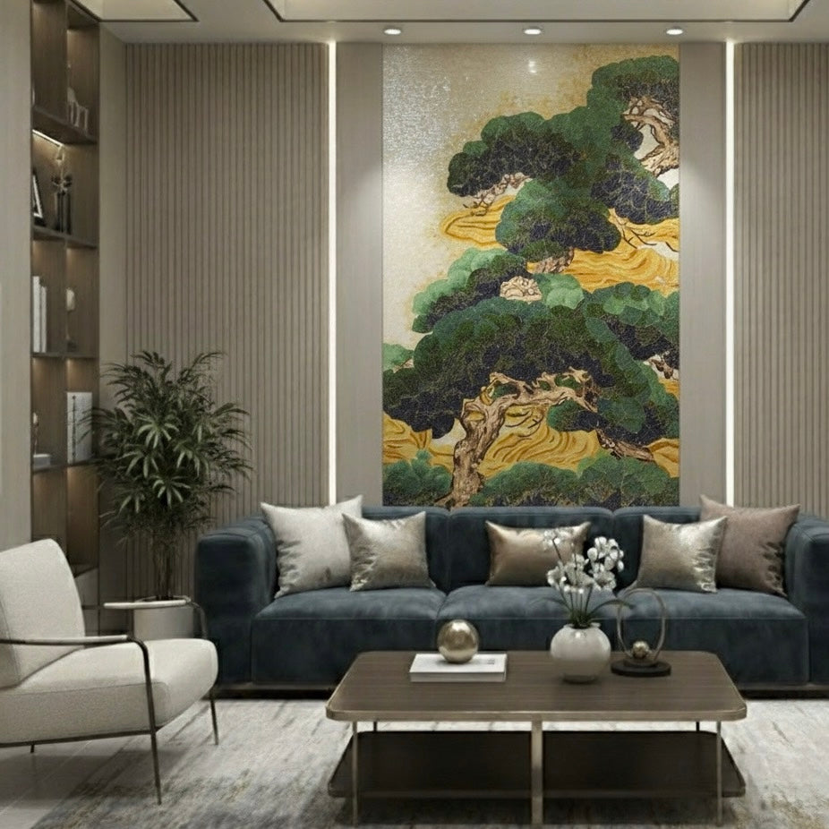 Modern living room with a large mosaic mural, a blue sofa, and a white armchair.