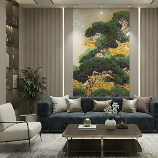 Modern living room with a large mosaic mural, a blue sofa, and a white armchair.