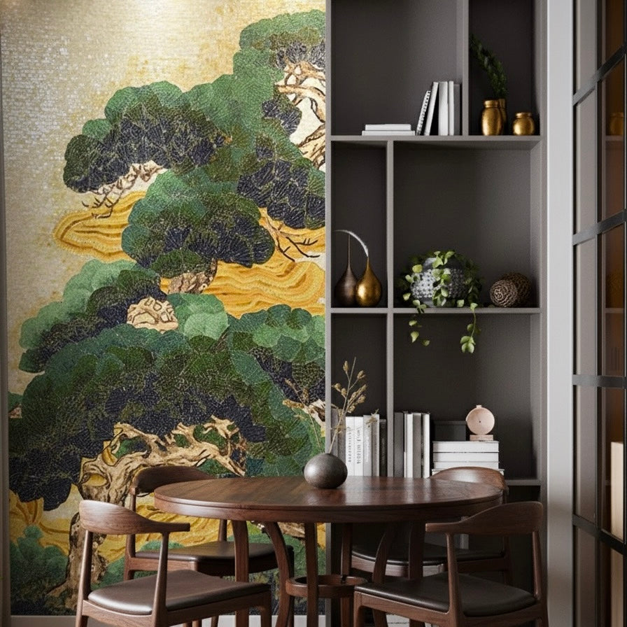 Dining area with a large mosaic mural of trees and a bookshelf.