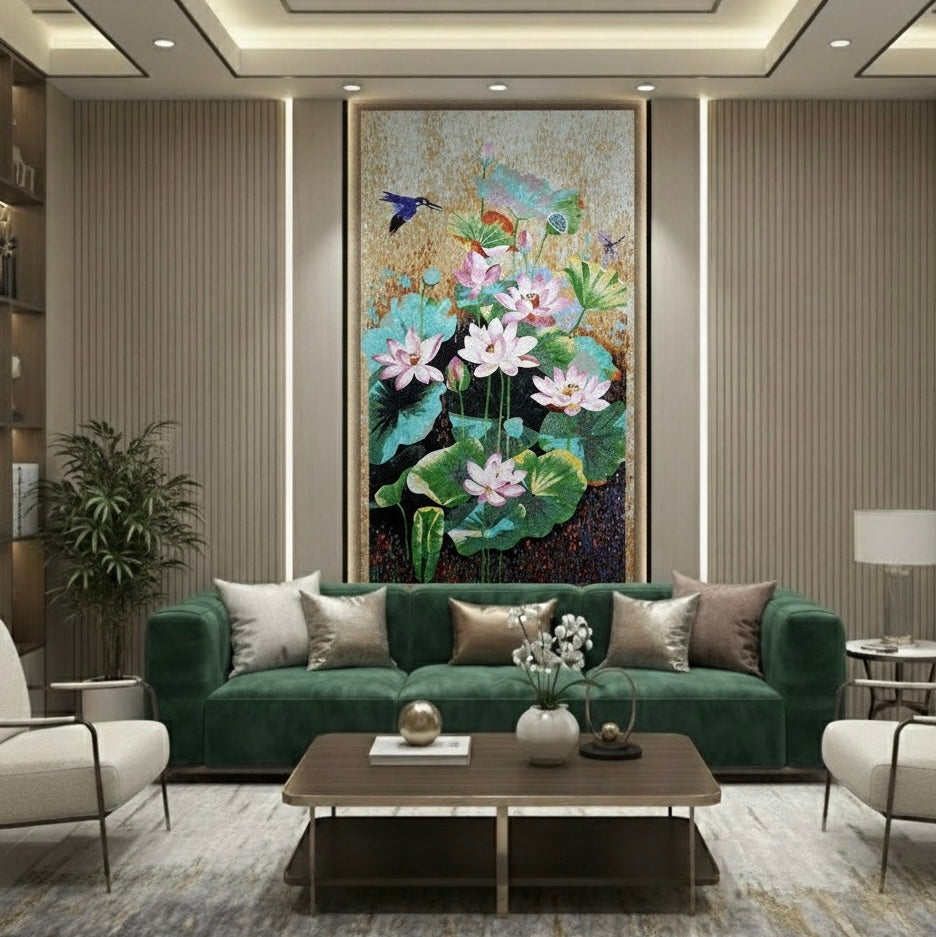 Custom Glass Mosaic Mural: Elegant Pink Lotus Flower & Kingfisher Art