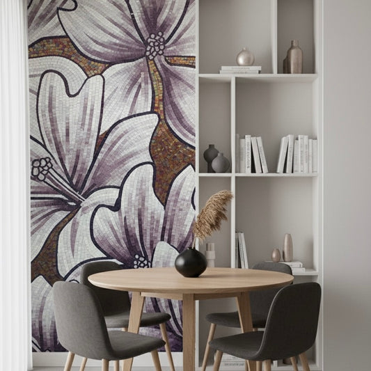 Dining area with a round wooden table and gray chairs, featuring a large floral mosaic mural on the wall.