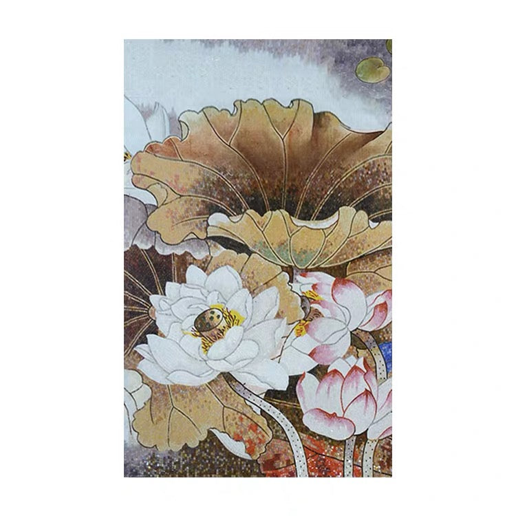 Custom Glass Mosaic Mural: Serene Lotus Pond & Leaves - Handcrafted Botanical Wall Art