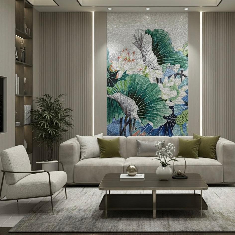 Custom Glass Mosaic Mural: Serene Lotus Pond & Leaves - Handcrafted Botanical Wall Art