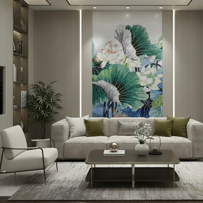 Custom Glass Mosaic Mural: Serene Lotus Pond & Leaves - Handcrafted Botanical Wall Art