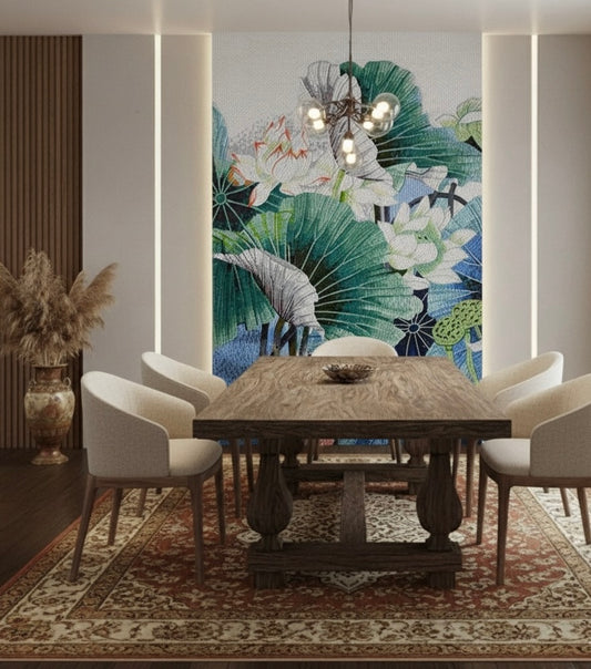 Custom Glass Mosaic Mural: Serene Lotus Pond & Leaves - Handcrafted Botanical Wall Art