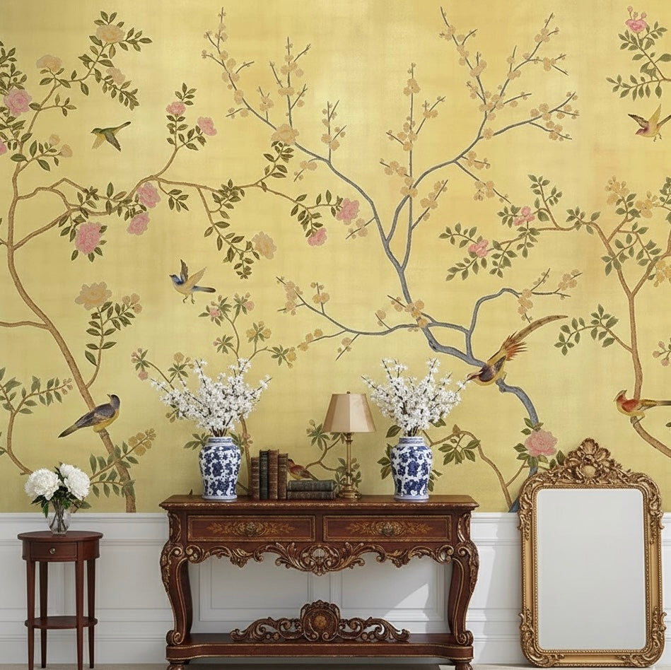Custom Gold Chinoiserie Mural | Luxury Hand-Painted Style Wallpaper