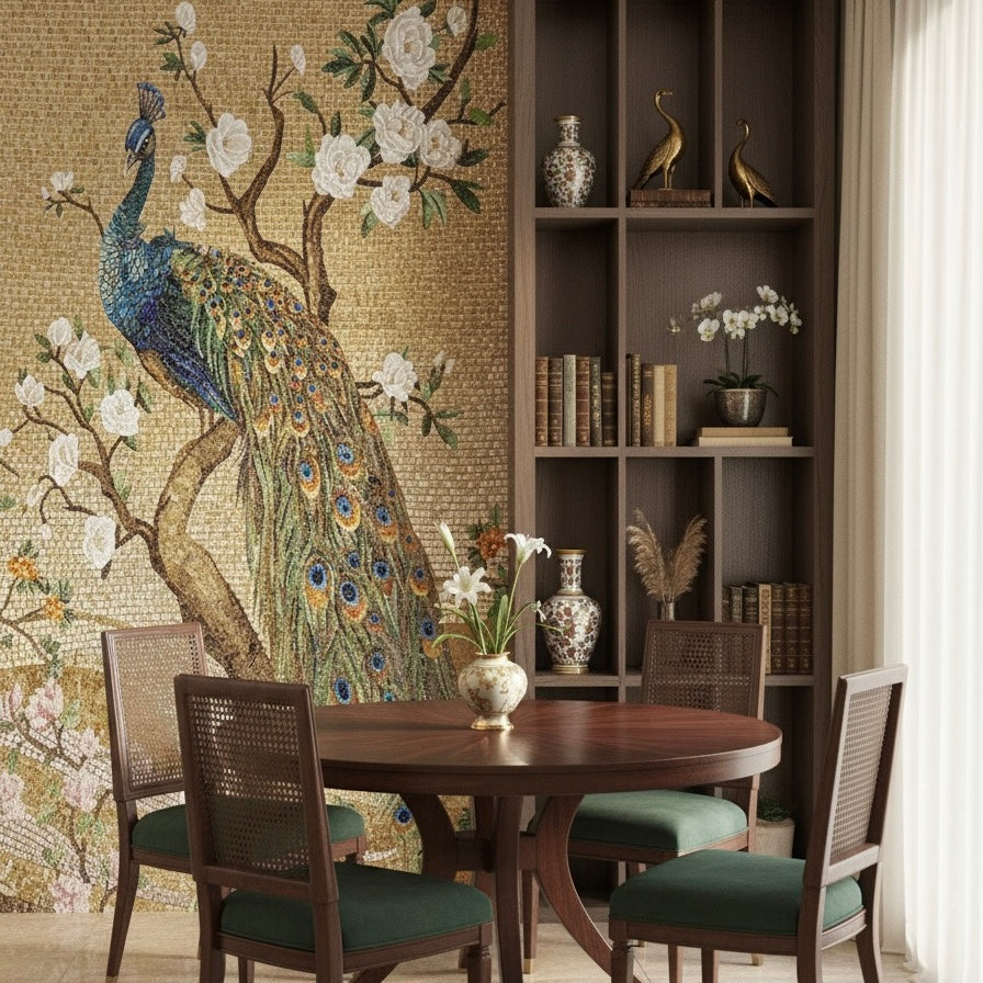 Dining room with peacock mosaic wall art and wooden table.