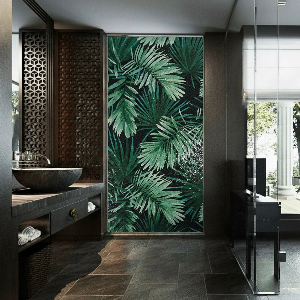 Lush Tropical Palm Leaf Glass Mosaic Mural - Custom-Sized Rainforest Art