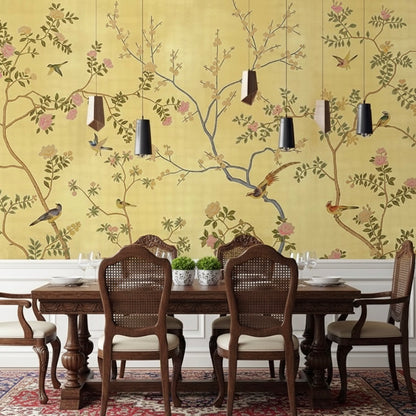 Custom Gold Chinoiserie Mural | Luxury Hand-Painted Style Wallpaper