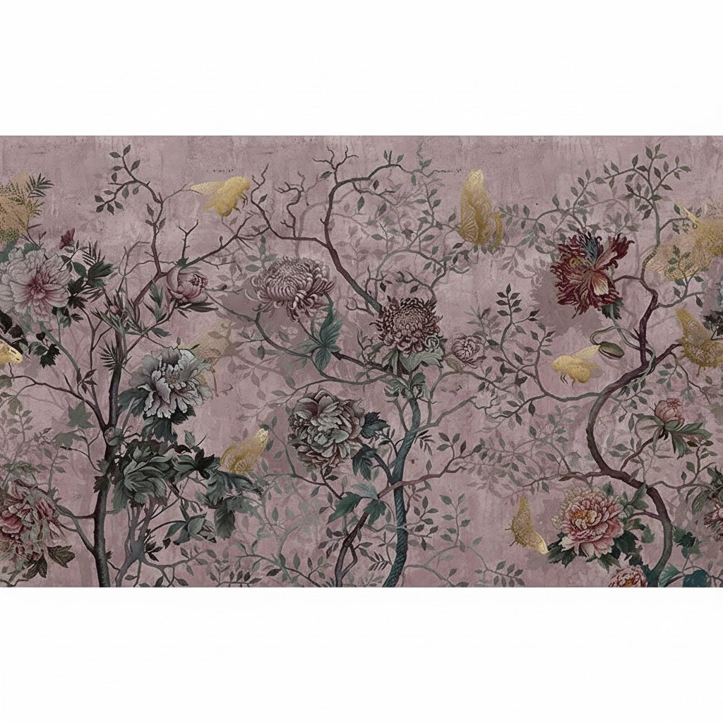 Custom Mauve Chinoiserie Floral Mural | Traditional Non-Pasted Wallpaper