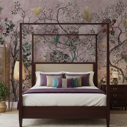 Custom Mauve Chinoiserie Floral Mural | Traditional Non-Pasted Wallpaper