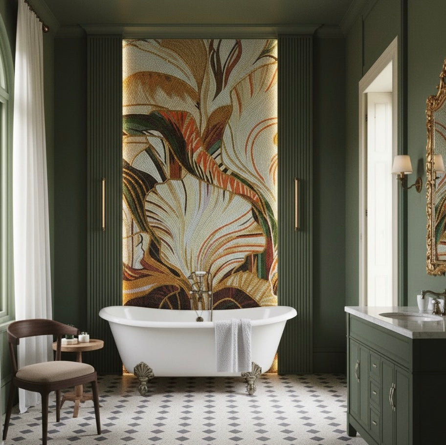 Custom Glass Mosaic Mural: Abstract Tropical Foliage in Copper & Gold 