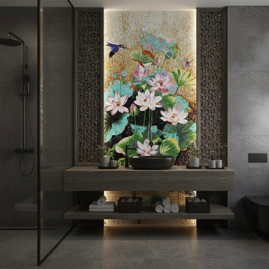 Custom Glass Mosaic Mural: Elegant Pink Lotus Flower & Kingfisher Art