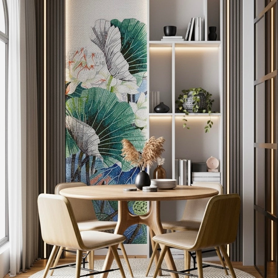 Custom Glass Mosaic Mural: Serene Lotus Pond & Leaves - Handcrafted Botanical Wall Art