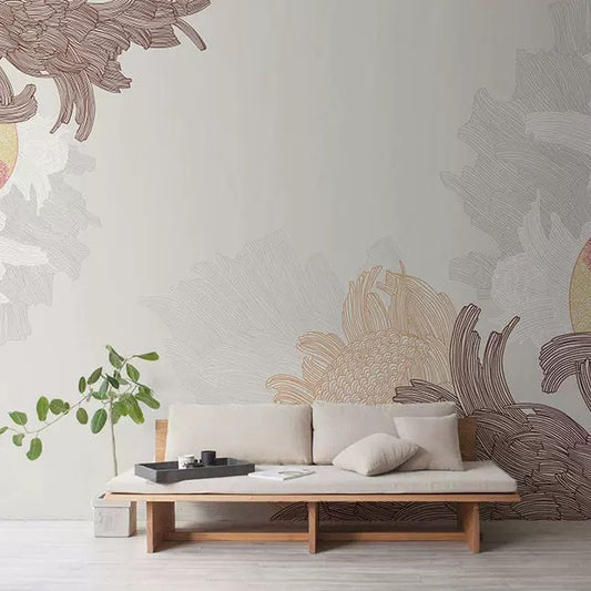 Modern living room with a wooden bench, cushions, and decorative wall mural.