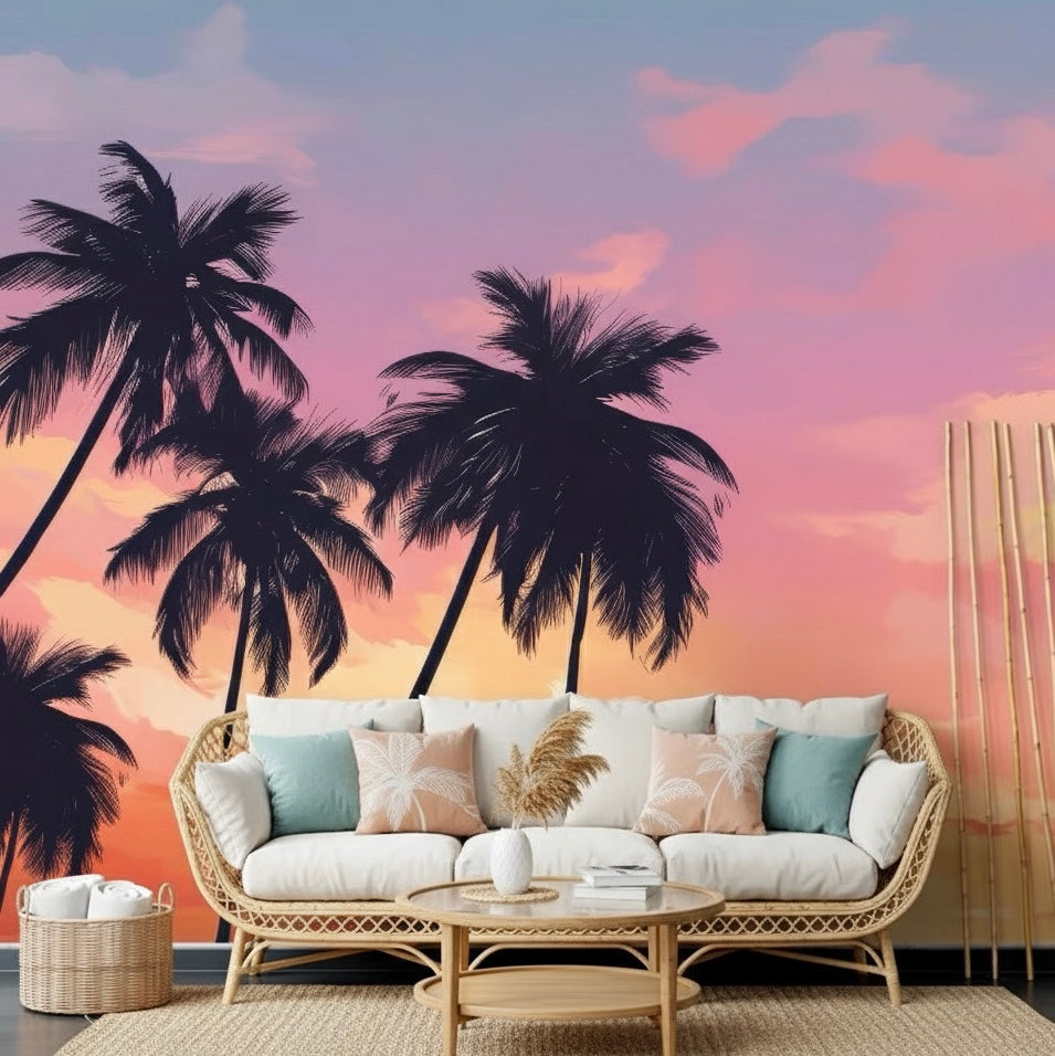 Custom Tropical Sunset Palm Tree Mural | Vibrant Beach Wallpaper Art