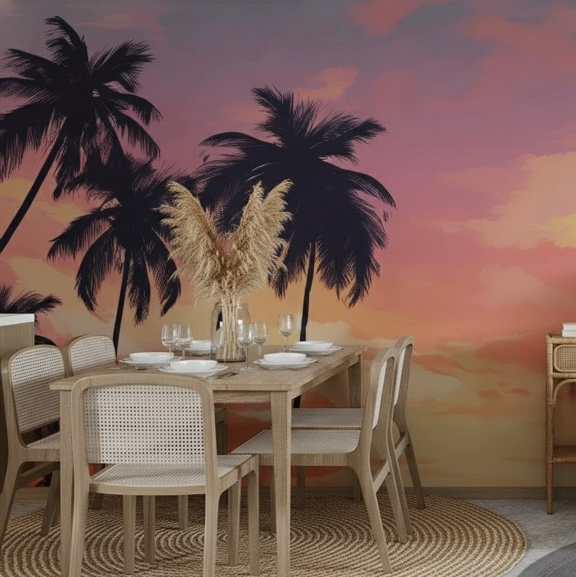 Custom Tropical Sunset Palm Tree Mural | Vibrant Beach Wallpaper Art