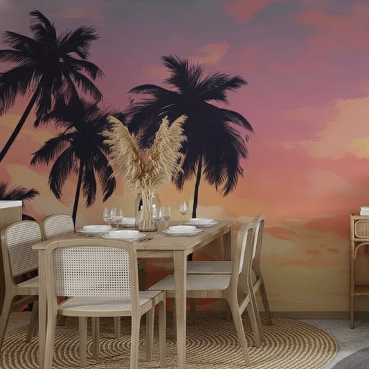 Custom Tropical Sunset Palm Tree Mural | Vibrant Beach Wallpaper Art