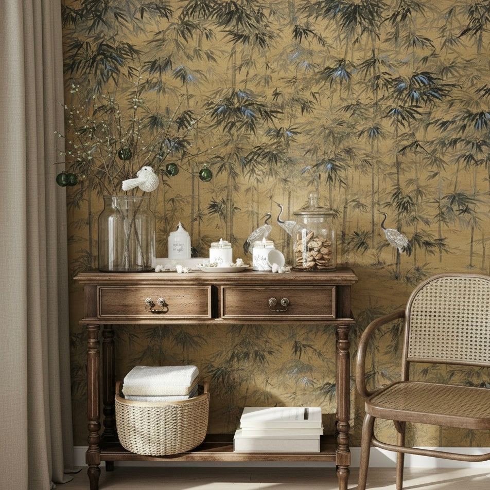 Entryway console table with candles and books styled against a textured gold bamboo mural.